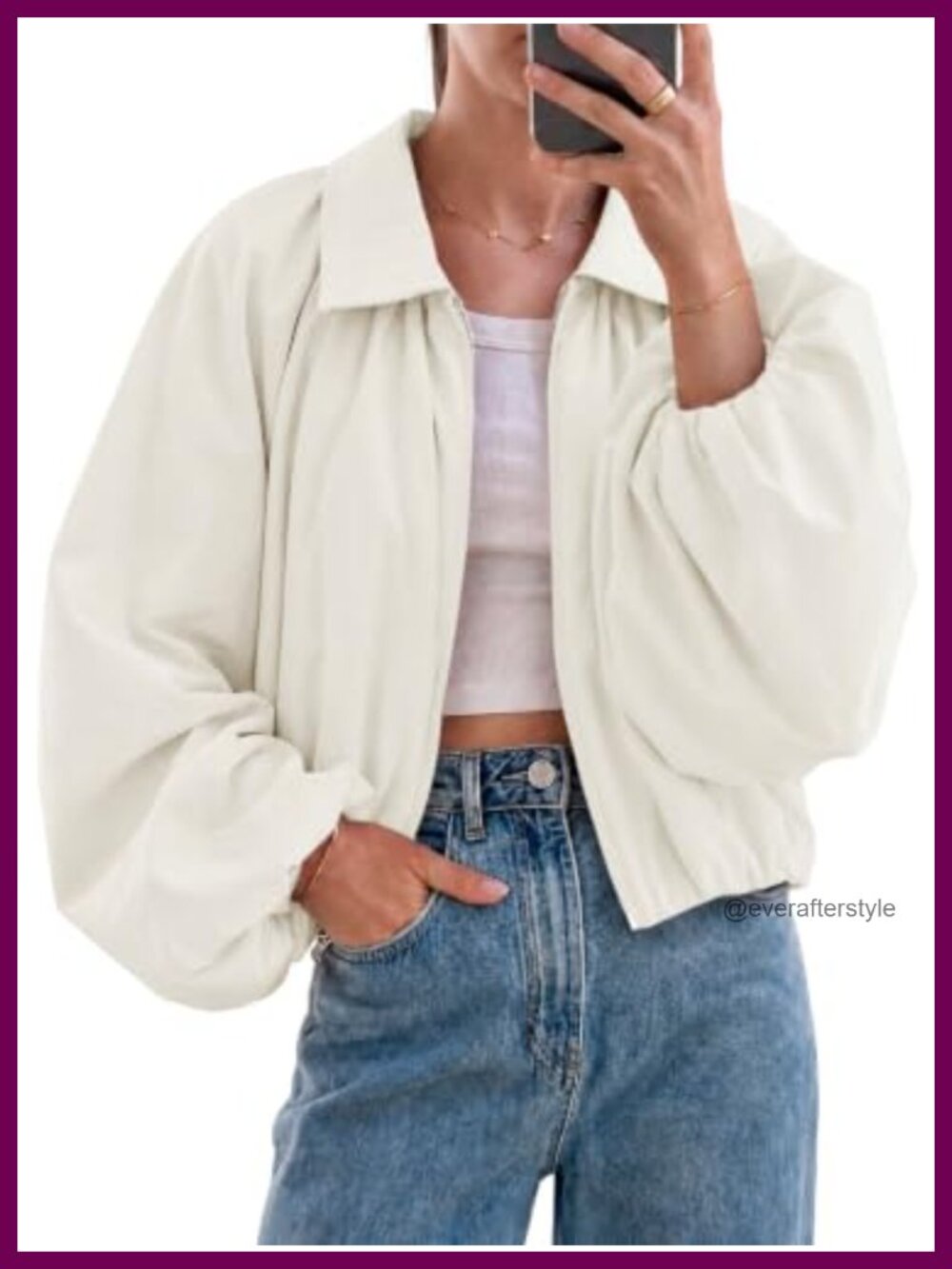 Womens Cropped Bomber Jacket Oversized Zip Up Balloon Sleeve Casual Coat